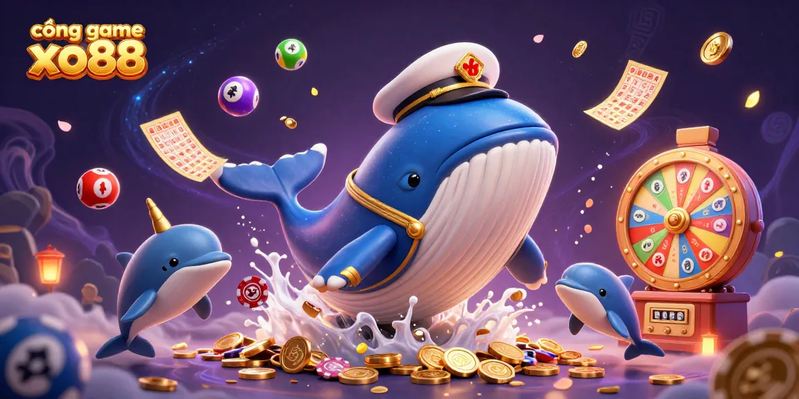 cổng game xo88 showcases a whimsical scene with a whale, narwhal, and dolphins amid vibrant game elements.