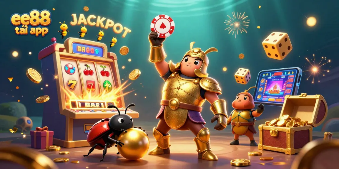 Engage with ee88 tải app through a dynamic illustration showcasing jackpot excitement in a vibrant casino scene.