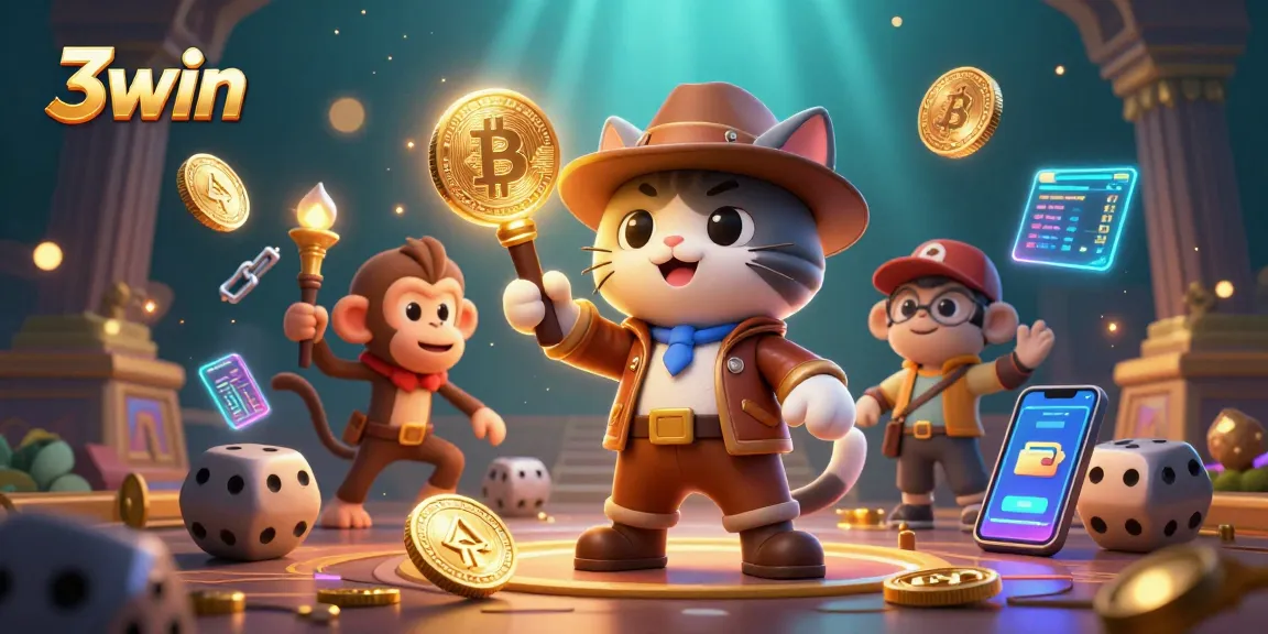 Engage in thrilling gameplay with 3win as the animated explorer cat and monkey uncover casino treasures.