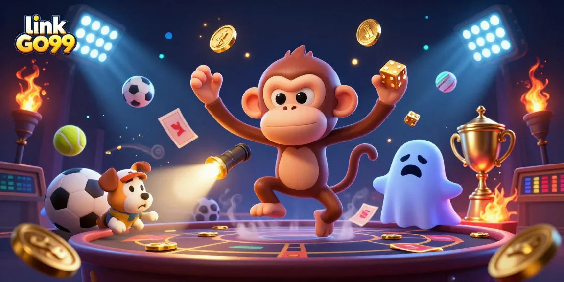 Experience the thrill of gaming with link GO99 in a haunted casino featuring a playful poltergeist monkey.