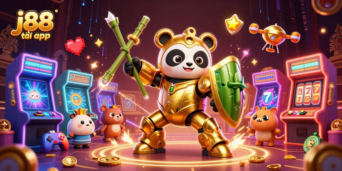 Engage in thrilling gameplay with j88 tải app, featuring a golden panda in a mech-suit battling amidst vibrant casino-themed elements.