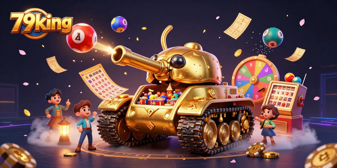 Engage with thrilling gaming at 79king as colorful lottery elements explode around a vibrant casino scene.
