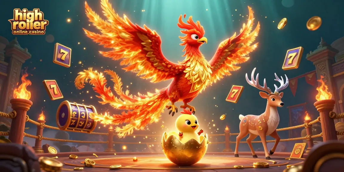 Experience the thrill of a high roller online casino with this vibrant phoenix scene, featuring dynamic game elements.